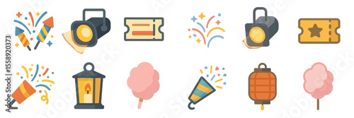 Colorful icons depicting a festive celebration with lights, tickets, and cotton candy at a lively outdoor event