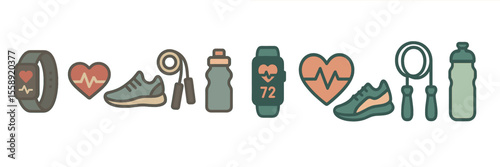 Fitness icons depicting workout essentials, healthy lifestyle elements, and wellness tools for tracking activity and heart health