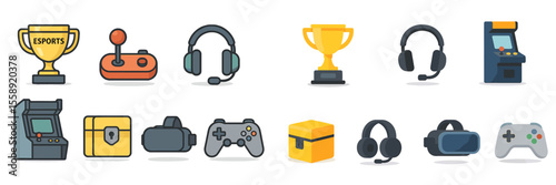 Collection of gaming icons showcasing esports, headsets, and arcade machines for a vibrant gaming environment