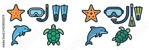 Colorful marine life illustrations featuring dolphins, turtles, snorkel gear, and starfish in a playful design for summer activities