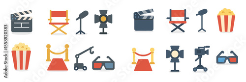Colorful icons representing movie production and filmmaking tools arranged in a neat pattern