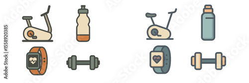 Fitness equipment and accessories including stationary bikes and smartwatches for workout enthusiasts