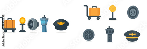 Air travel symbols featuring luggage, control tower, and aviation gear in a vibrant minimalist style