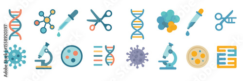 Science and research icons representing various biological and chemical concepts in a colorful design