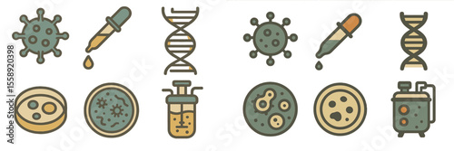 Detailed illustrations of microorganisms, DNA, and laboratory tools showcasing microbiological research and analysis insights