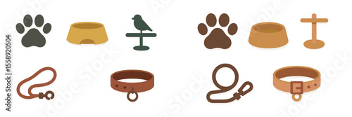 Collection of pet supplies including bowls, collars, leashes, and accessories for dogs and birds in a minimalistic design