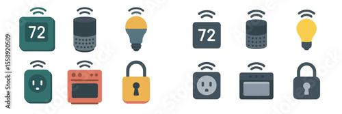 Smart home devices displayed in a modern layout featuring temperature control, lighting, and security features
