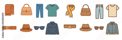 Fashion accessories and clothing items displayed in a minimalistic style on a white background for trendy outfit inspiration