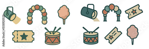Colorful carnival icons featuring cotton candy, drums, and tickets among festive decorations and lights
