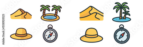 Desert adventure symbols including palms, water, sand dunes, hat, and compass for exploring nature