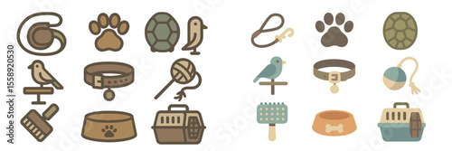 Collection of pet supplies and accessories for various animals displayed on a wooden surface