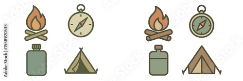 Camping equipment and symbols representing outdoor adventure activities and survival essentials in nature