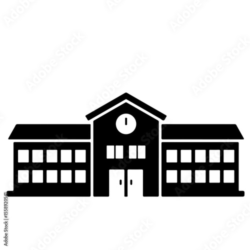 Black School Building Icon with Clock and Flag. This universally recognized symbol is ideal for educational themes, learning, academic settings, and community services