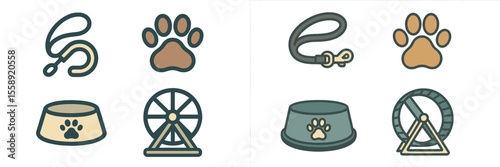 Pet supplies and accessories showcase with various items for dogs and small animals during a sunny afternoon