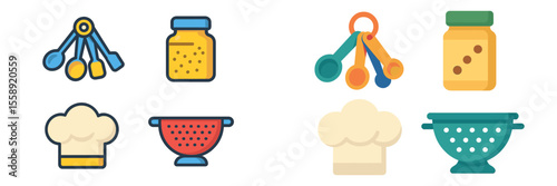 Collection of kitchen tools and ingredients for food preparation and cooking