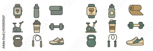 Collection of fitness icons featuring workout gear and healthy lifestyle elements in a minimalistic style