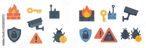 Security icons representing safety, surveillance, and fire prevention in a modern digital environment