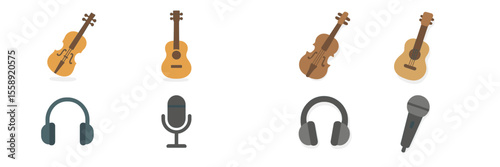 Musical instruments including guitars, violins, headphones, and microphones arranged in a creative layout for a music-themed design
