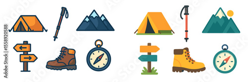 Camping gear and hiking essentials collection featuring tents, mountains, and hiking accessories in a vibrant design