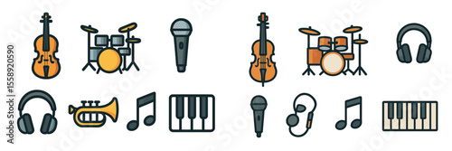 Musical instruments illustrated in a vibrant style showcasing various genres and tools of music creation
