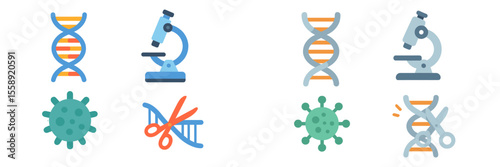 Colorful illustrations of scientific tools and concepts relevant to genetics and microbiology in a modern style