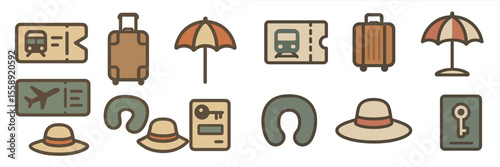 Travel accessories for a perfect vacation featuring luggage, tickets, sun hats, and more
