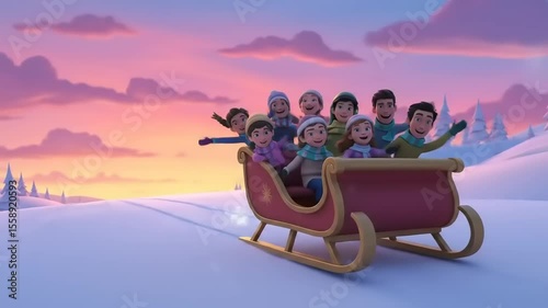 Group of friends joyfully riding a festive sleigh through a snowy landscape at sunset