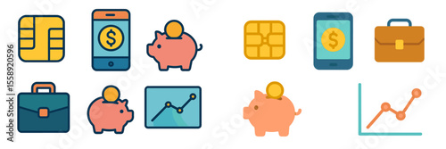 Finance icons illustrating digital payments, savings, and investment strategies for modern money management