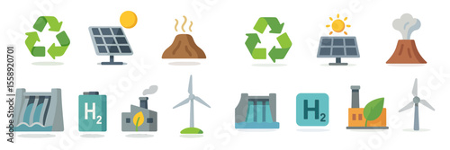 Renewable energy sources and sustainability icons illustrated in a modern flat design style for educational purposes