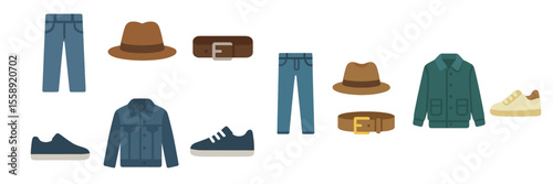 Wardrobe essentials featuring casual clothing, hats, shoes, and accessories for a stylish everyday look