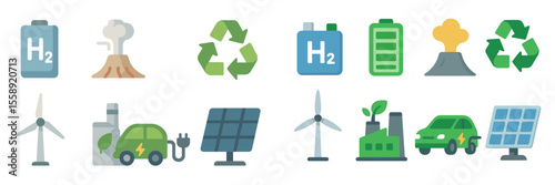 Icons representing renewable energy sources and technologies in a modern, eco-friendly environment
