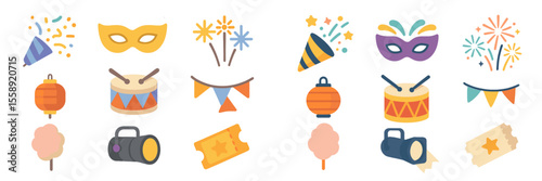 Colorful festive elements showcasing celebration items including drums, masks, and fireworks suitable for various events
