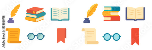 Colorful illustrations of books and writing tools set against a simple background showcasing reading and creativity
