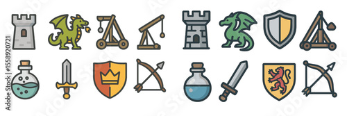 Medieval themed icons featuring dragons, castles, and weapons in a colorful design