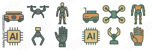 Collection of robotic and AI technology icons showcasing various innovations and applications in automation and artificial intelligence