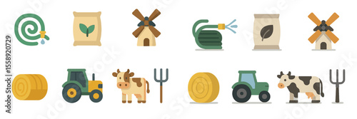 Colorful agricultural icons represent farming tools, crops, and livestock in a fun and playful style