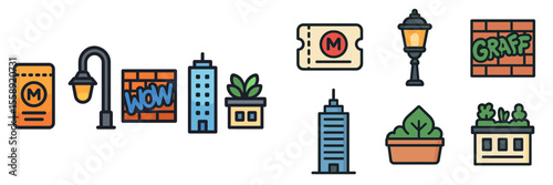 Urban illustration featuring elements of city life with buildings, streetlamps, graffiti, and plants during sunny day