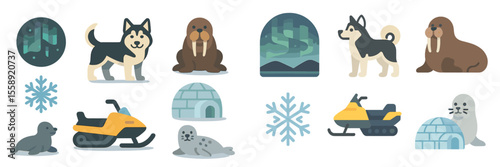 Whimsical Arctic illustration featuring animals, snowmobiles, and northern lights