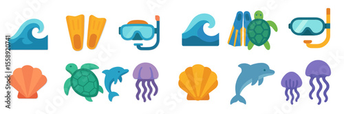 Colorful icons representing marine life and snorkeling gear in a vibrant design for ocean lovers