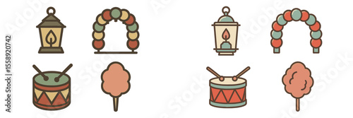 Colorful decorations, lanterns, cotton candy, and drums create a festive atmosphere at a lively fair during the summer evening hours