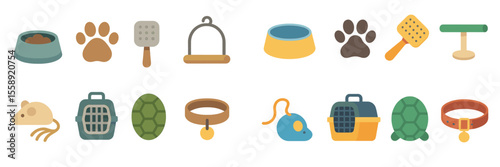 Collection of pet care icons featuring bowls, toys, and accessories for various animals in a colorful design