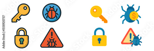 Collection of icons representing security, privacy, and digital threats in a colorful design