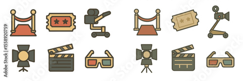 Celebrating film industry with various production and exhibition symbols in a colorful graphic design