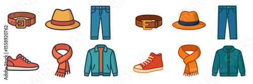 Fashion accessories and clothing items on display in a colorful layout for casual and stylish outfits