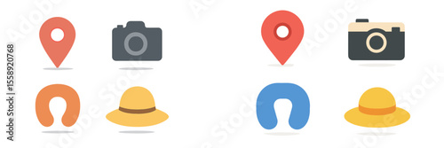 Colorful icons representing travel essentials for exploring new destinations and capturing memories during trips