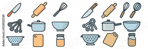 Collection of kitchen utensils arranged for cooking and baking activities in a domestic kitchen environment