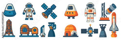 Colorful illustrations of space exploration elements featuring astronauts, rockets, and satellites in a vibrant design