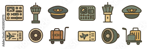 Illustrations depicting airport elements and aviation accessories in a vintage style for travel enthusiasts