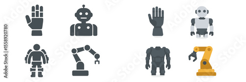 Various robotic illustrations showcasing different types of robots and robotic hands in a simple design style