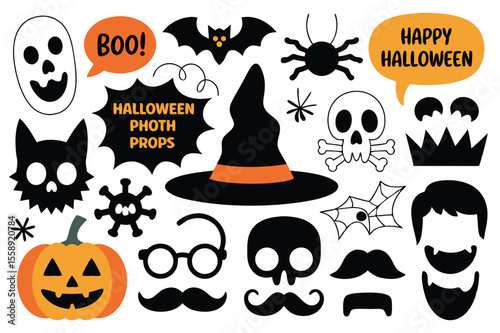 Cartoon Halloween Props Pumpkin, Bat, Skull, Spider, Speech Bubbles, Hat, Facial Hair, and More